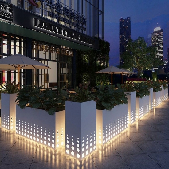 Galvanized Raised planter box,Solar LED Lights Planter Garden Boxes Outdoor, Rectangular Large Metal flower box partition