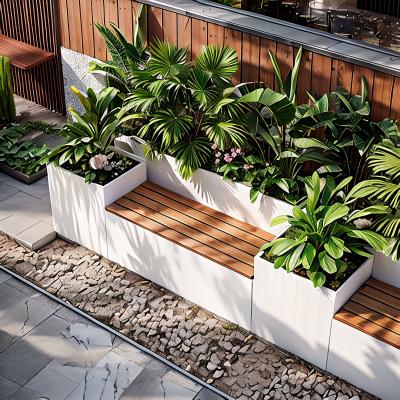 Outdoor flower box bench combination wrought iron seat fence, antiseptic wooden long bench, suitable for coffee shops, parks and courtyards.