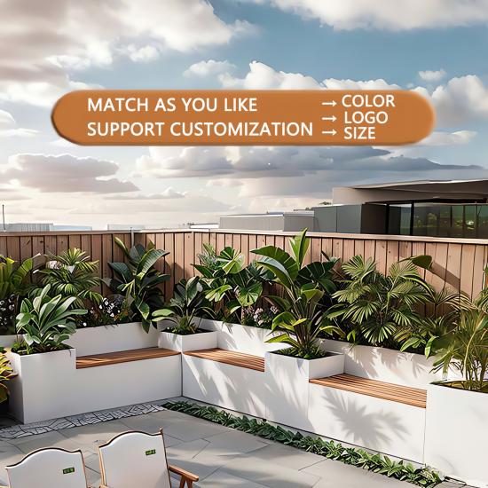 Outdoor flower box bench combination wrought iron seat fence, antiseptic wooden long bench, suitable for coffee shops, parks and courtyards.